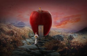 Creative synthesis, synthesize the apple fairy house in the forest – photo synthesis