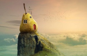 Creative synthesis, synthesize the pear hut on the top of the mountain in PS – photo synthesis