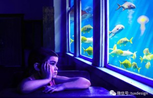 Creative synthesis, through P synthesis, the surreal scene of a little girl looking at the underwater world at home – photo synthesis