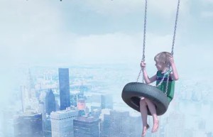 Scene synthesis, a boy swinging on an empty swing in the city through PS synthesis – photo synthesis