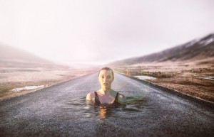 Scene synthesis, create a surreal scene of beautiful women swimming on the road – photo synthesis