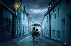 Scene synthesis, synthesis of the effect of walking in an alley on a cold rainy night – photo synthesis