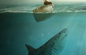 Scene synthesis, synthesis of a child being chased by a shark at sea – photo synthesis