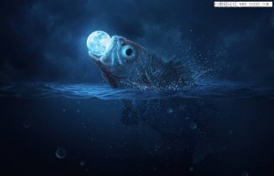 Scene synthesis, combine a surreal scene of a big fish swallowing the moon in PS – photo synthesis